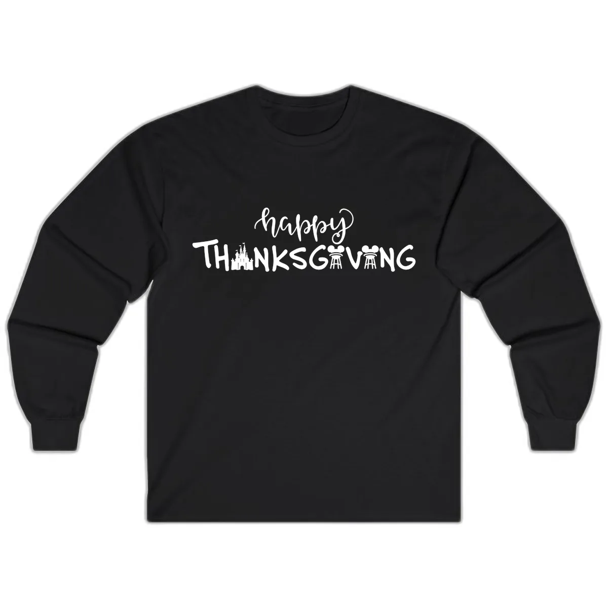 Happy Thanksgiving Castle And Castle Text Long Sleeve in Black