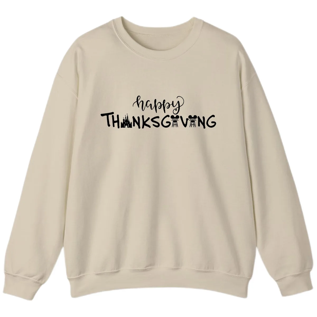 Happy Thanksgiving Castle And Castle Text Sweatshirt in Sand