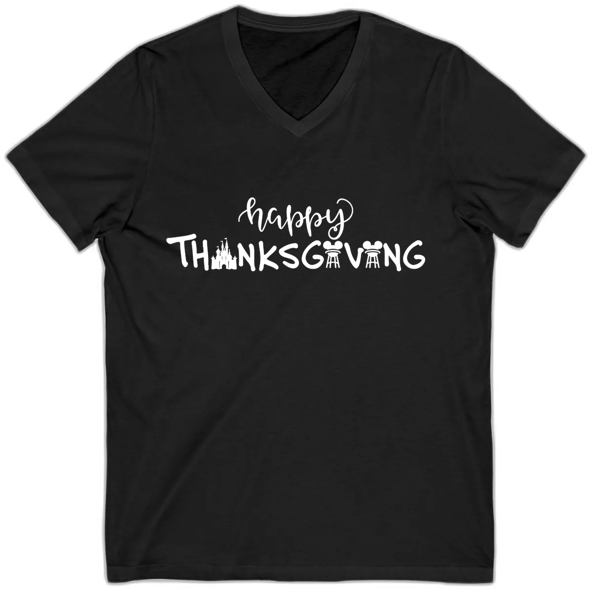 Happy Thanksgiving Castle And Castle Text V-Neck in Black