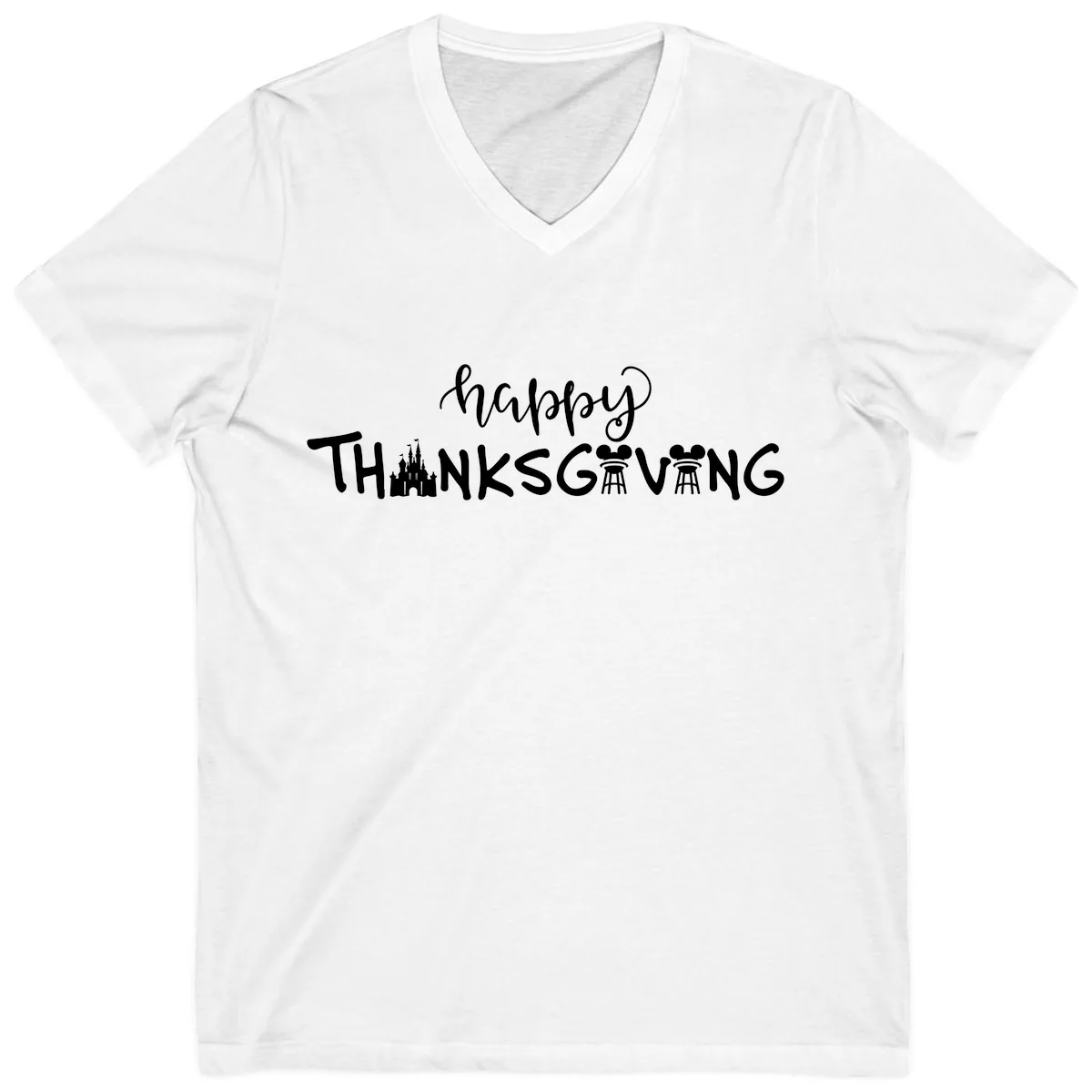 Happy Thanksgiving Castle And Castle Text V-Neck in White