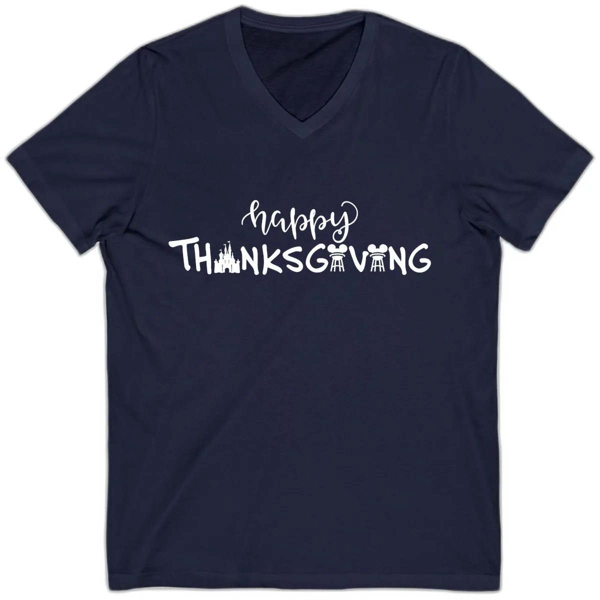 Happy Thanksgiving Castle And Castle Text V-Neck in Navy