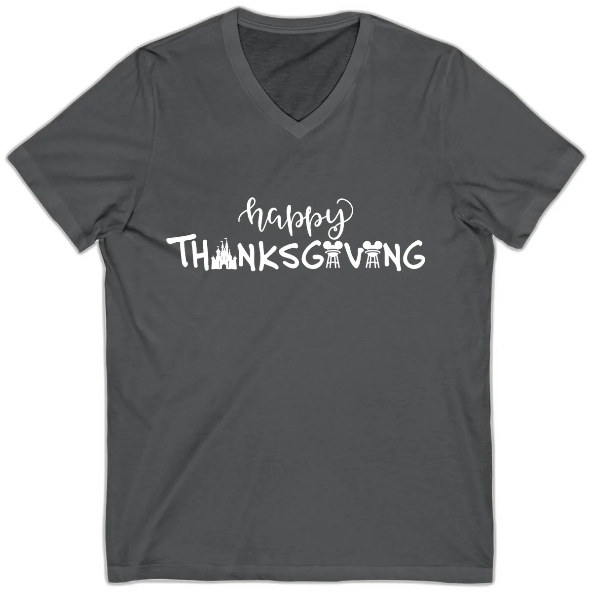 Happy Thanksgiving Castle And Castle Text V-Neck in Asphalt