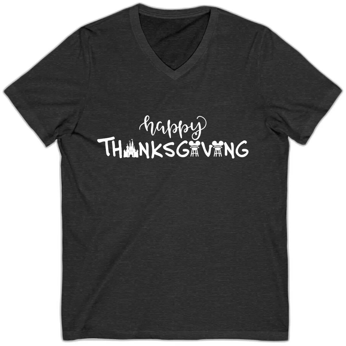 Happy Thanksgiving Castle And Castle Text V-Neck in Dark Grey Heather