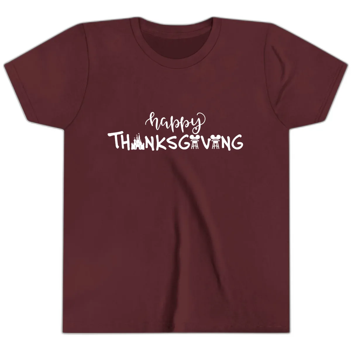 Happy Thanksgiving Castle And Castle Text Youth T-Shirt in Maroon