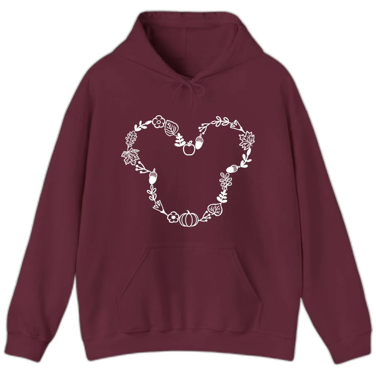 Heart Shaped Autumn Wreath Design Hoodie in Maroon