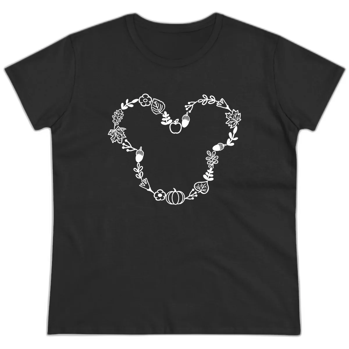 Heart Shaped Autumn Wreath Design Ladies Tee in Black