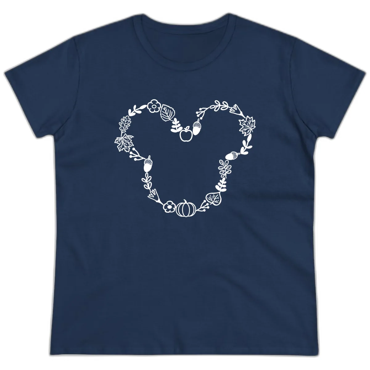 Heart Shaped Autumn Wreath Design Ladies Tee in Navy