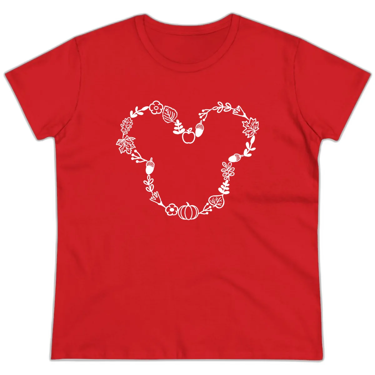 Heart Shaped Autumn Wreath Design Ladies Tee in Red