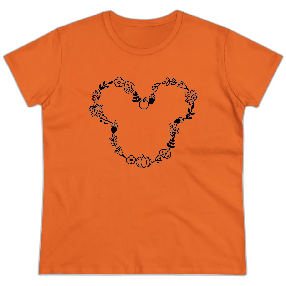 Heart Shaped Autumn Wreath Design Ladies Tee in Orange