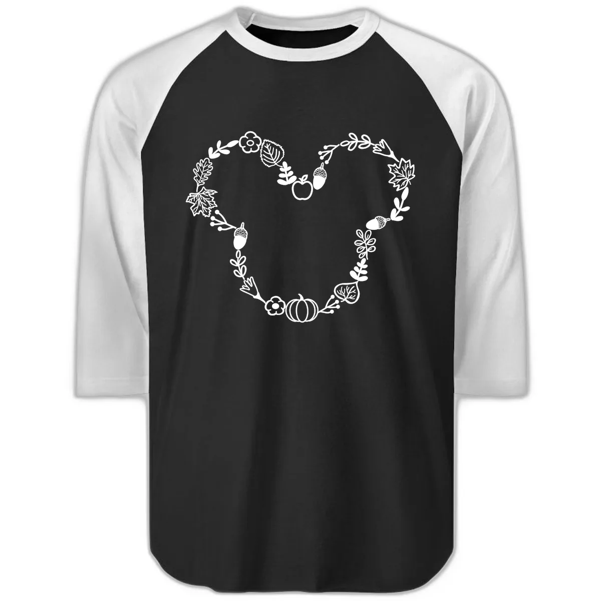 Heart Shaped Autumn Wreath Design Raglan 3/4 in Black White