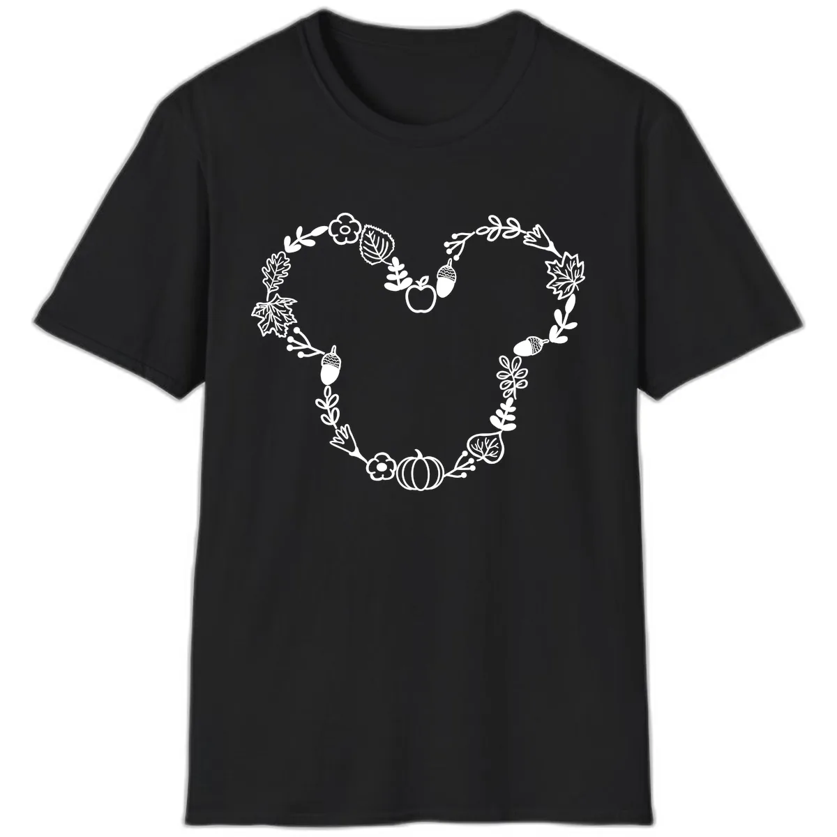 Heart Shaped Autumn Wreath Design T-Shirt in Black