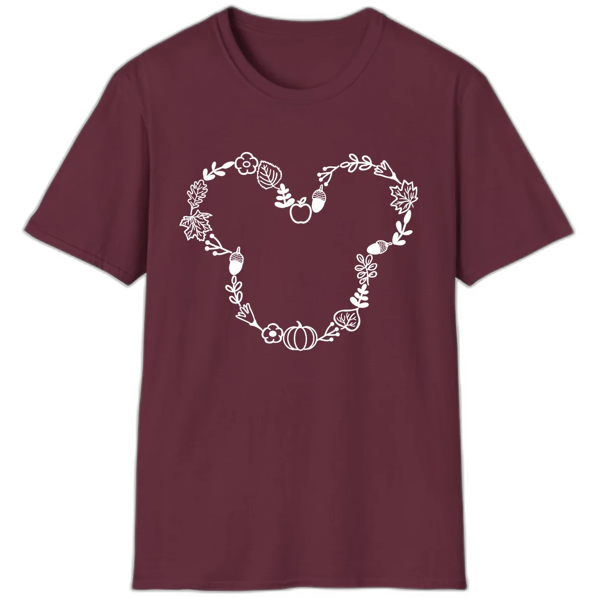 Heart Shaped Autumn Wreath Design T-Shirt in Maroon