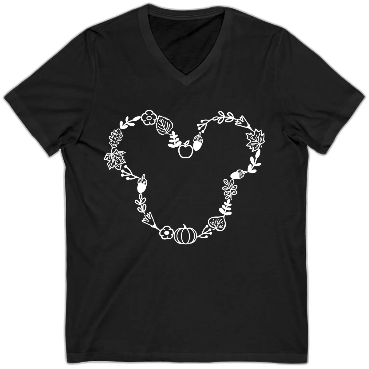 Heart Shaped Autumn Wreath Design V-Neck in Black