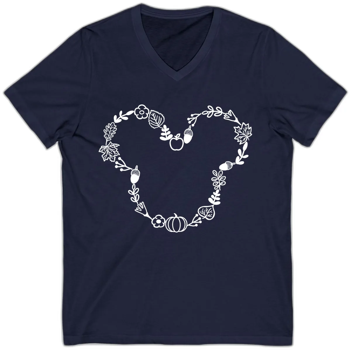 Heart Shaped Autumn Wreath Design V-Neck in Navy