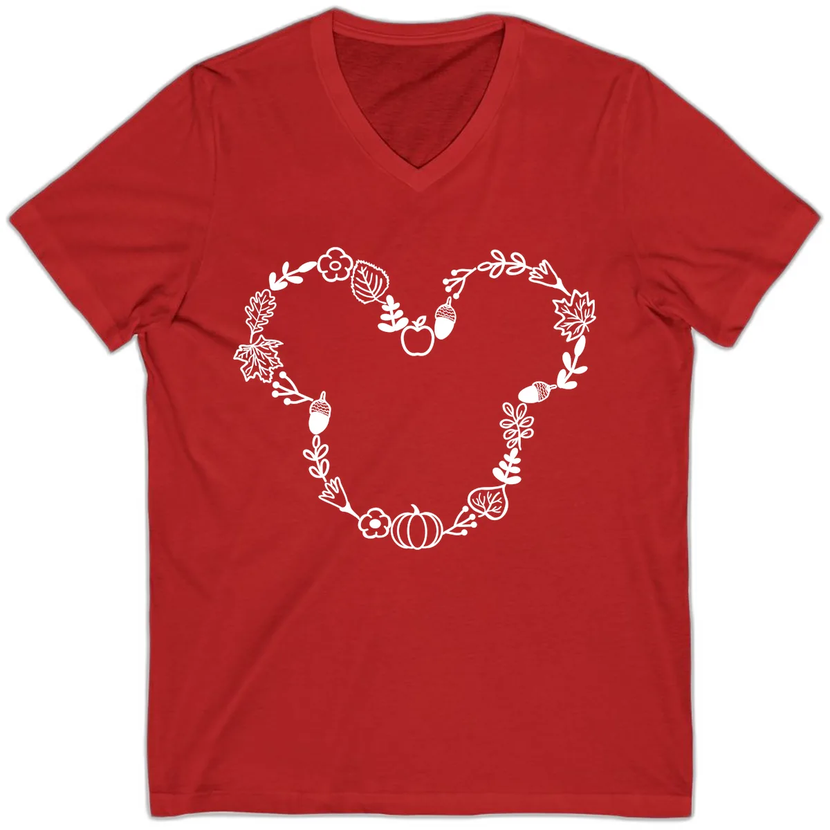 Heart Shaped Autumn Wreath Design V-Neck in Red