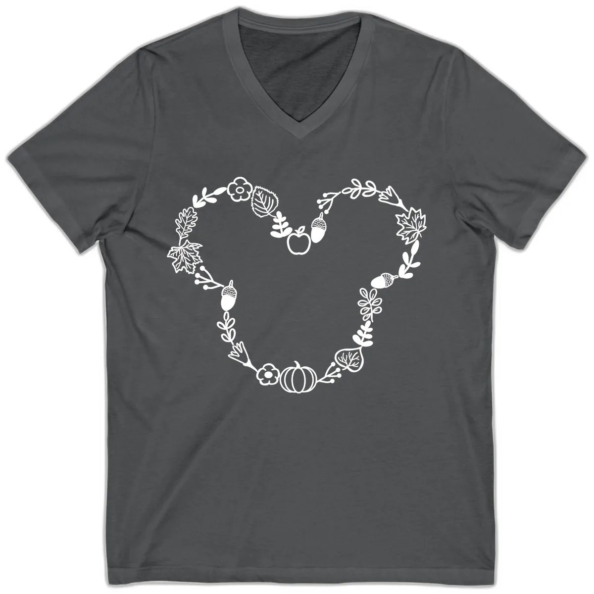 Heart Shaped Autumn Wreath Design V-Neck in Asphalt