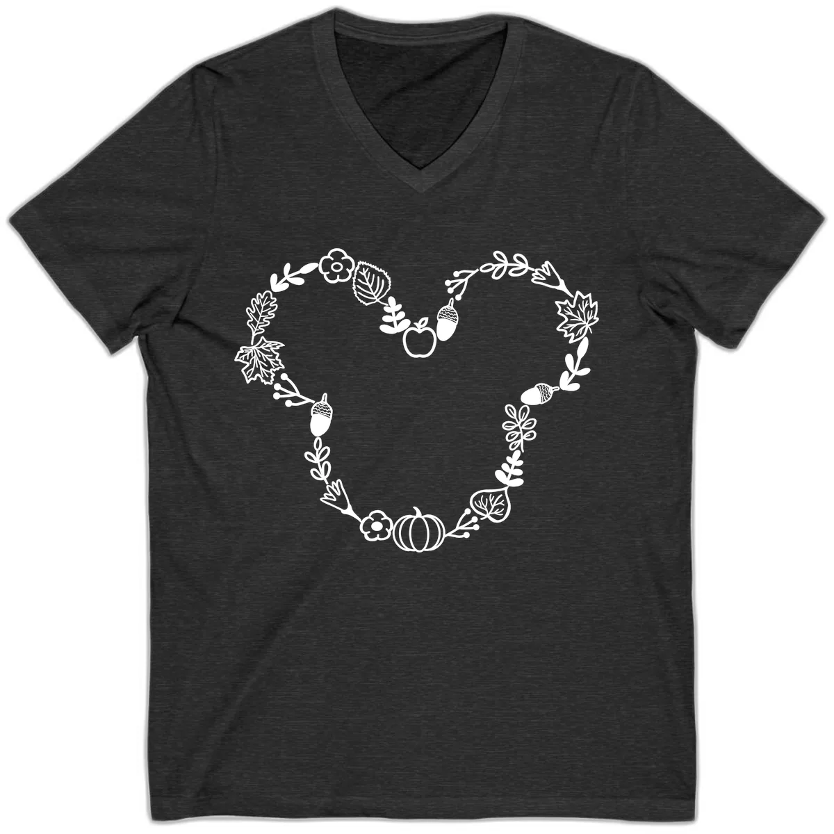 Heart Shaped Autumn Wreath Design V-Neck in Dark Grey Heather