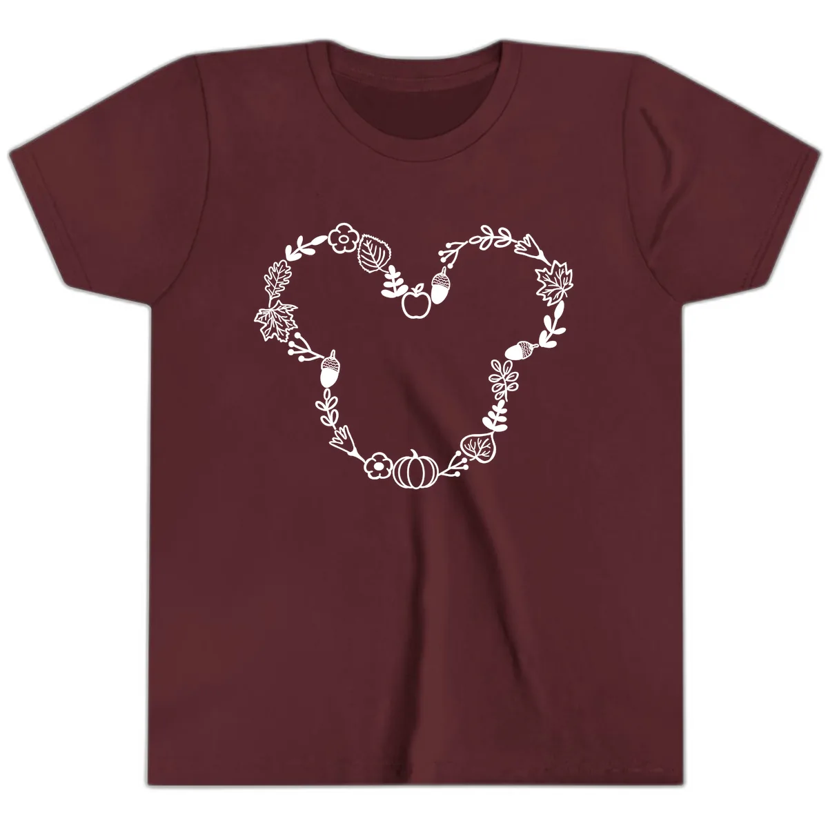 Heart Shaped Autumn Wreath Design Youth T-Shirt in Maroon