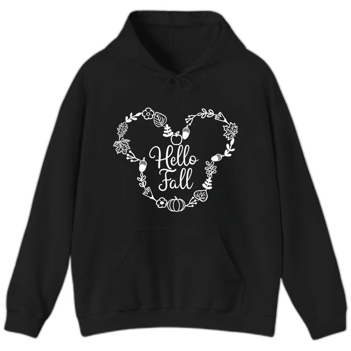 Hello Fall Heart Wreath Design Hoodie in Black
