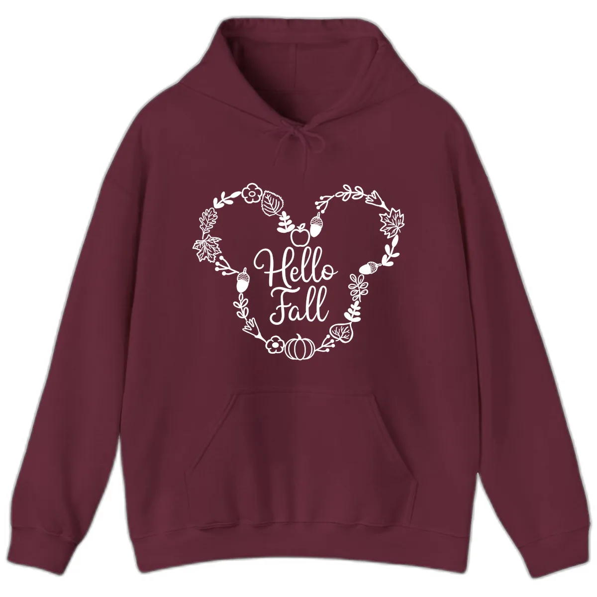 Hello Fall Heart Wreath Design Hoodie in Maroon