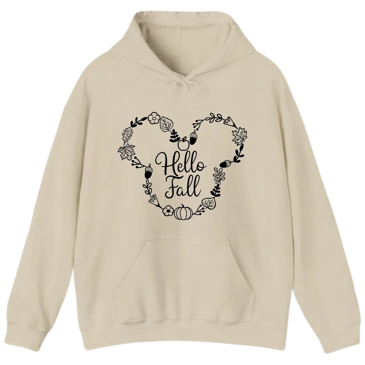 Hello Fall Heart Wreath Design Hoodie in Sand