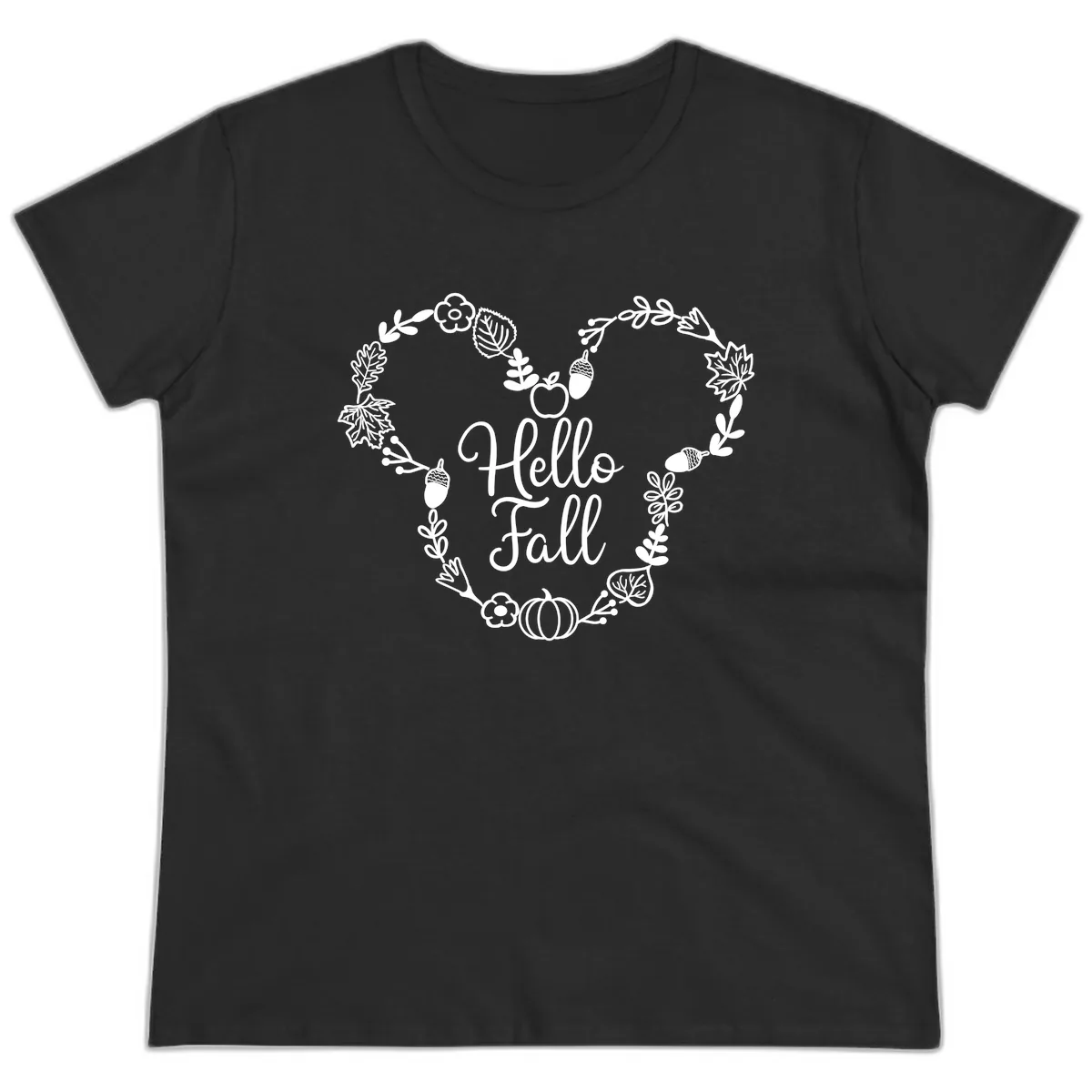 Hello Fall Heart Wreath Design Ladies Tee in Black