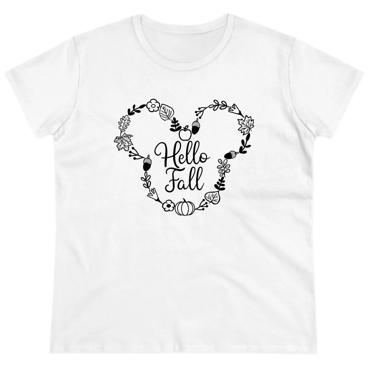 Hello Fall Heart Wreath Design Ladies Tee in White