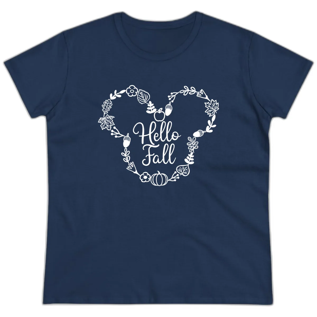Hello Fall Heart Wreath Design Ladies Tee in Navy