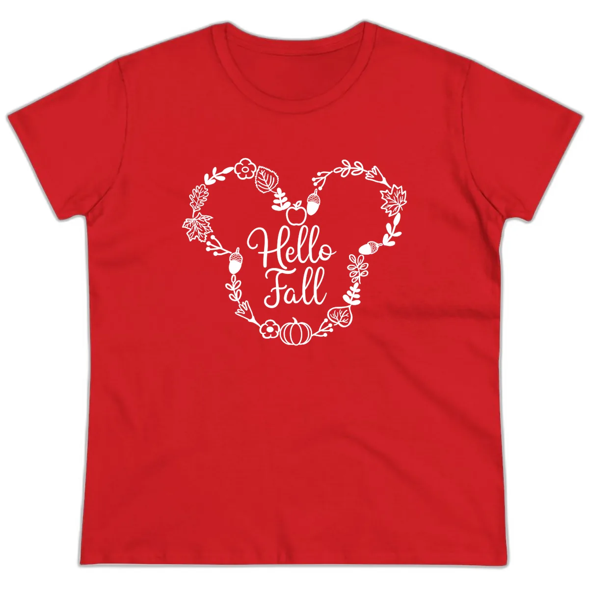 Hello Fall Heart Wreath Design Ladies Tee in Red