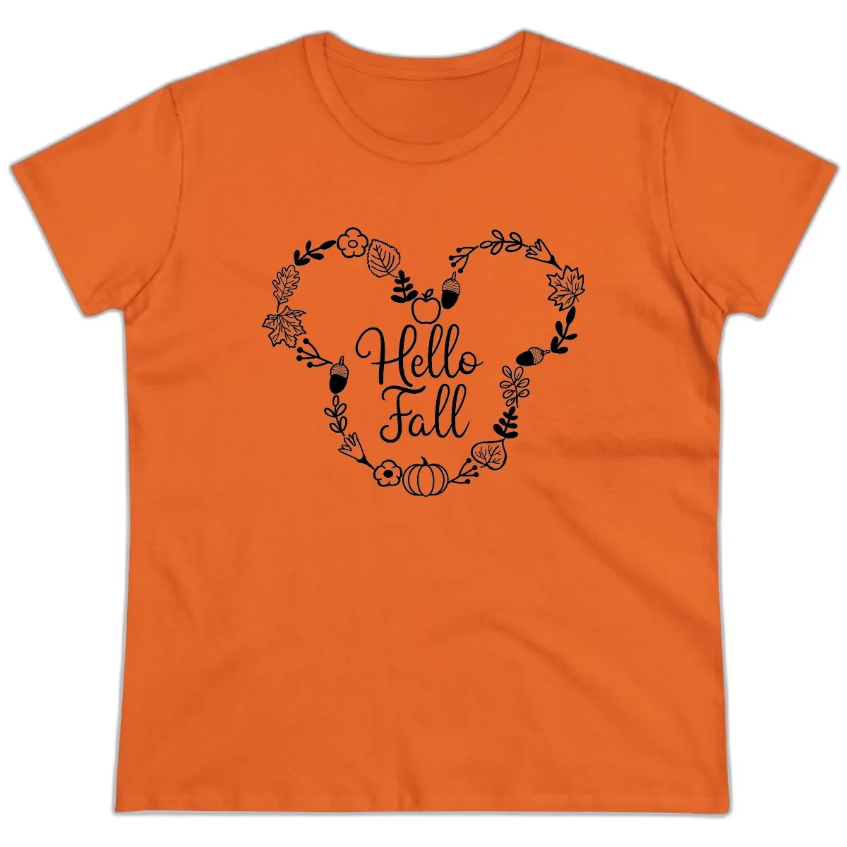 Hello Fall Heart Wreath Design Ladies Tee in Orange