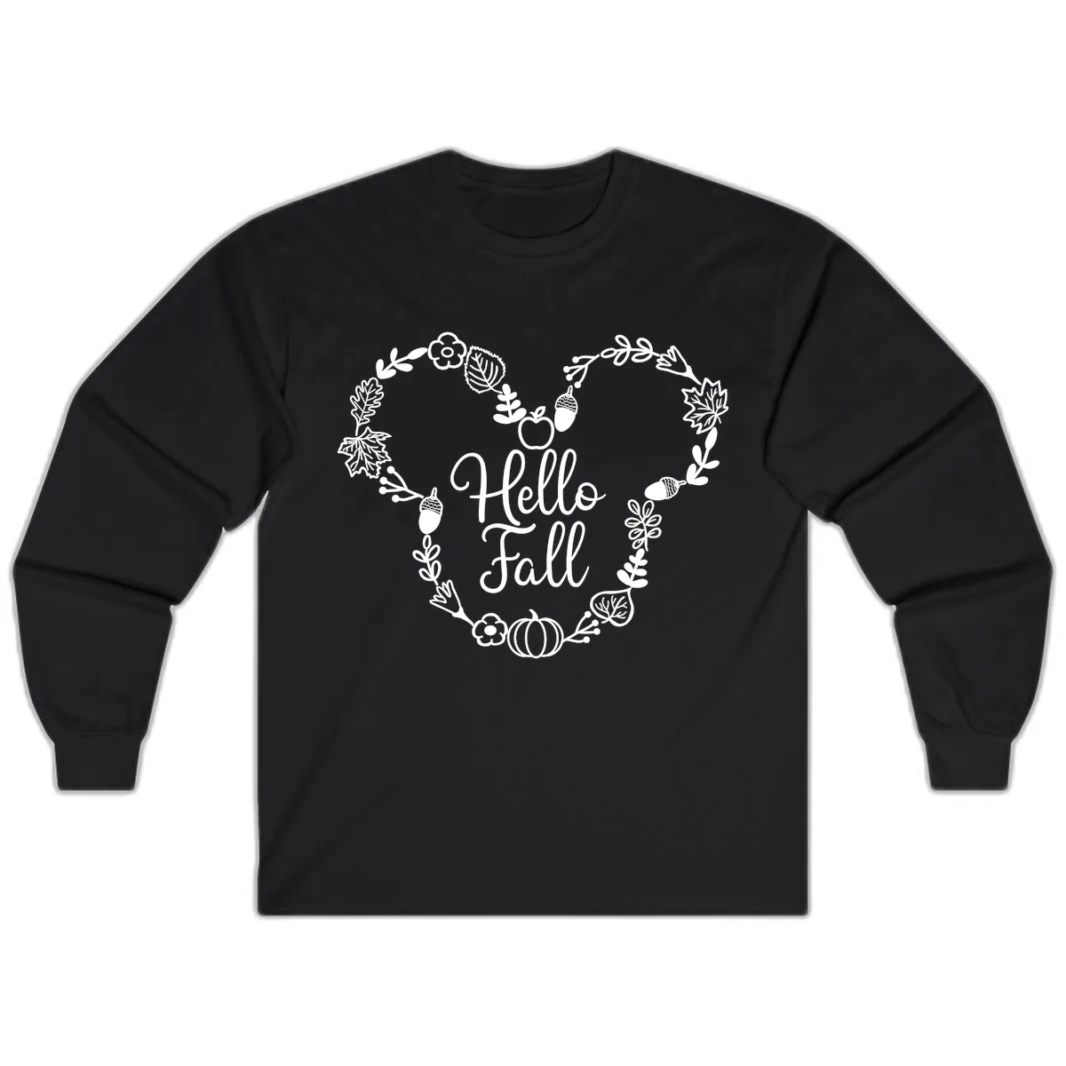 Hello Fall Heart Wreath Design Long Sleeve in Black