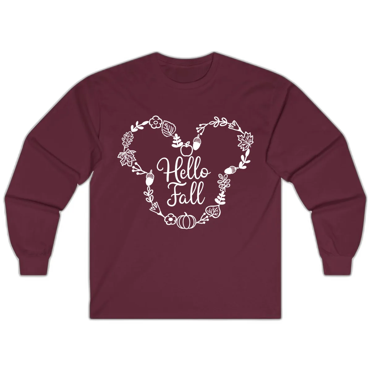 Hello Fall Heart Wreath Design Long Sleeve in Maroon