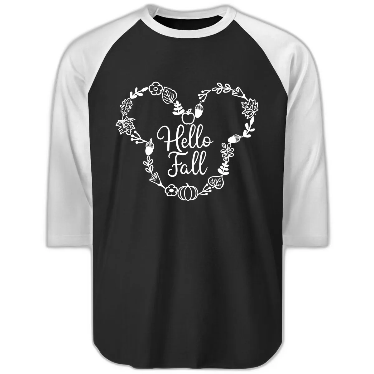 Hello Fall Heart Wreath Design Raglan 3/4 in Black White
