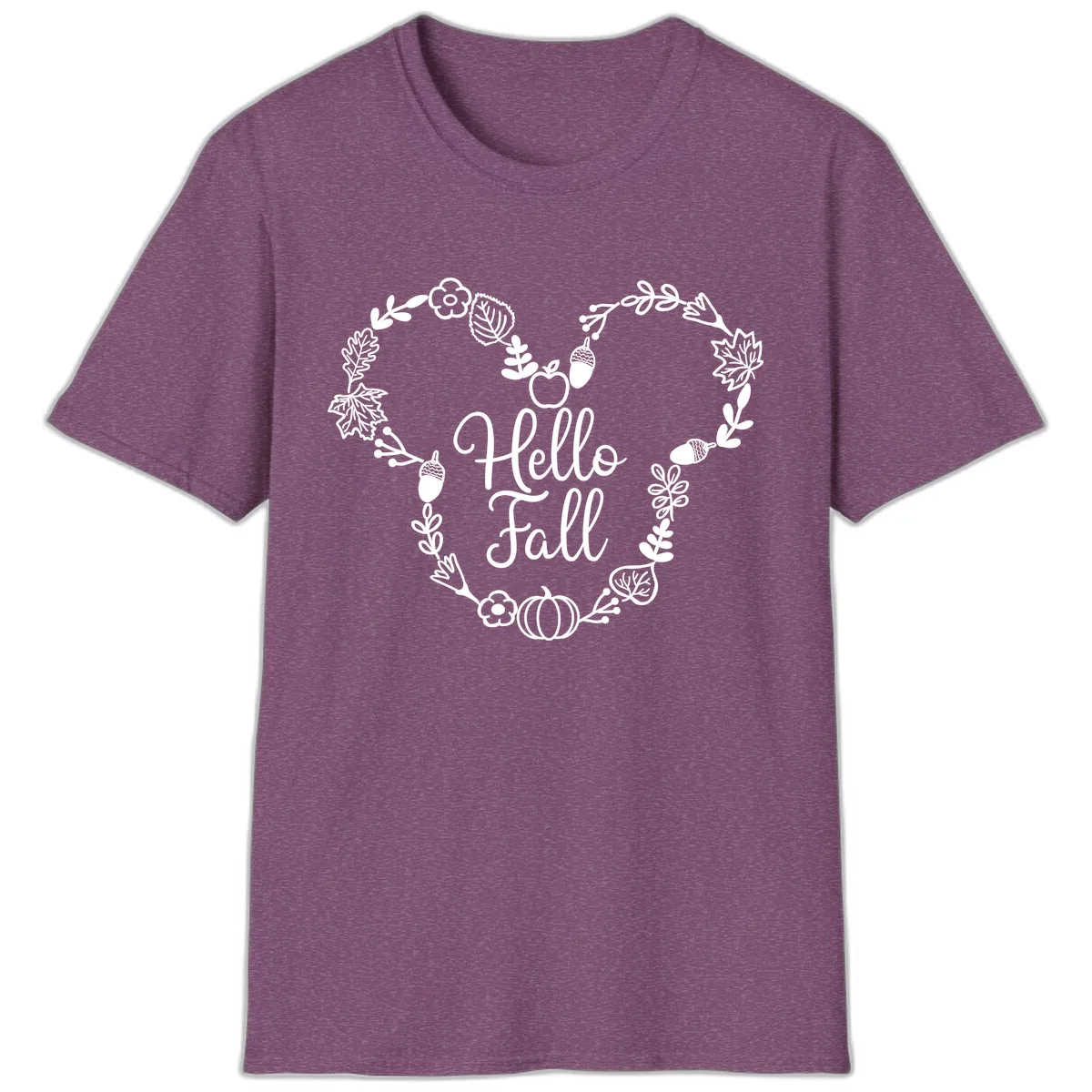 Hello Fall Heart Wreath Design T-Shirt in Heather Maroon