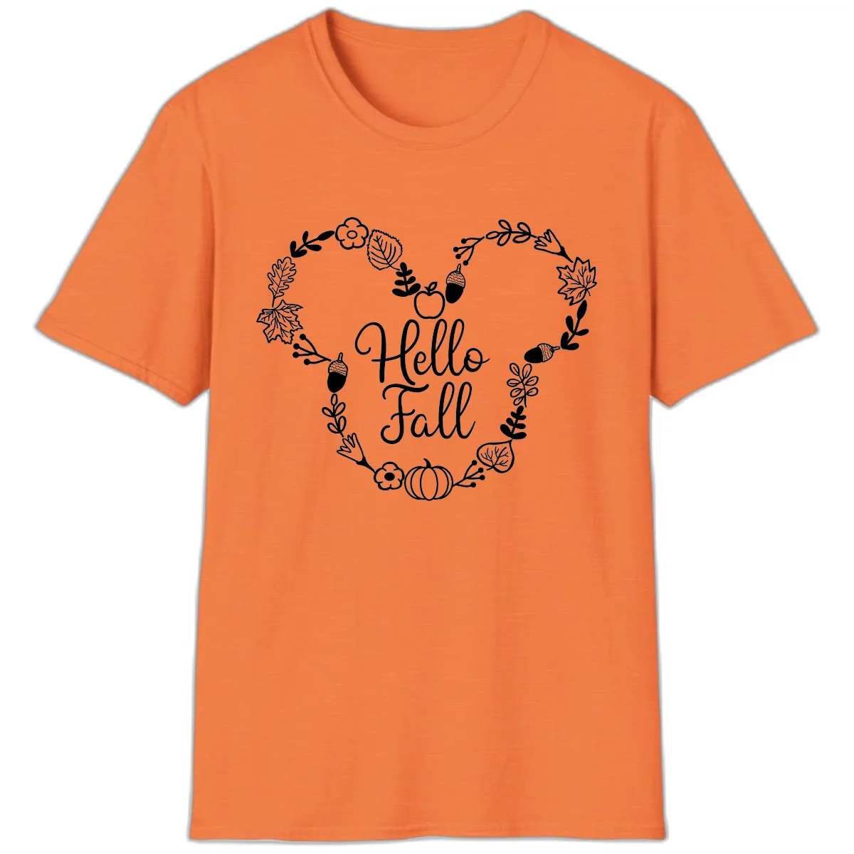 Hello Fall Heart Wreath Design T-Shirt in Heather Orange