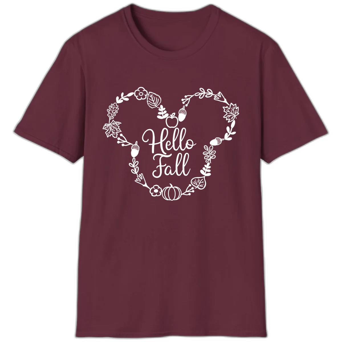 Hello Fall Heart Wreath Design T-Shirt in Maroon