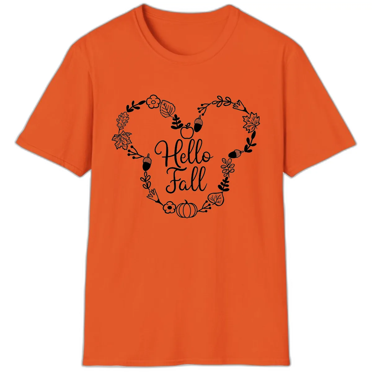 Hello Fall Heart Wreath Design T-Shirt in Orange