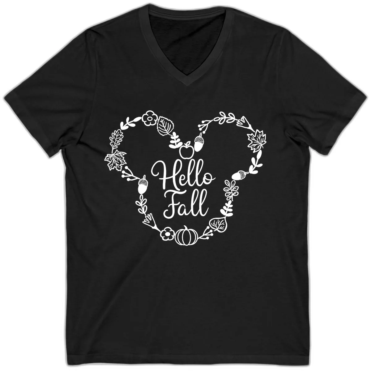 Hello Fall Heart Wreath Design V-Neck in Black