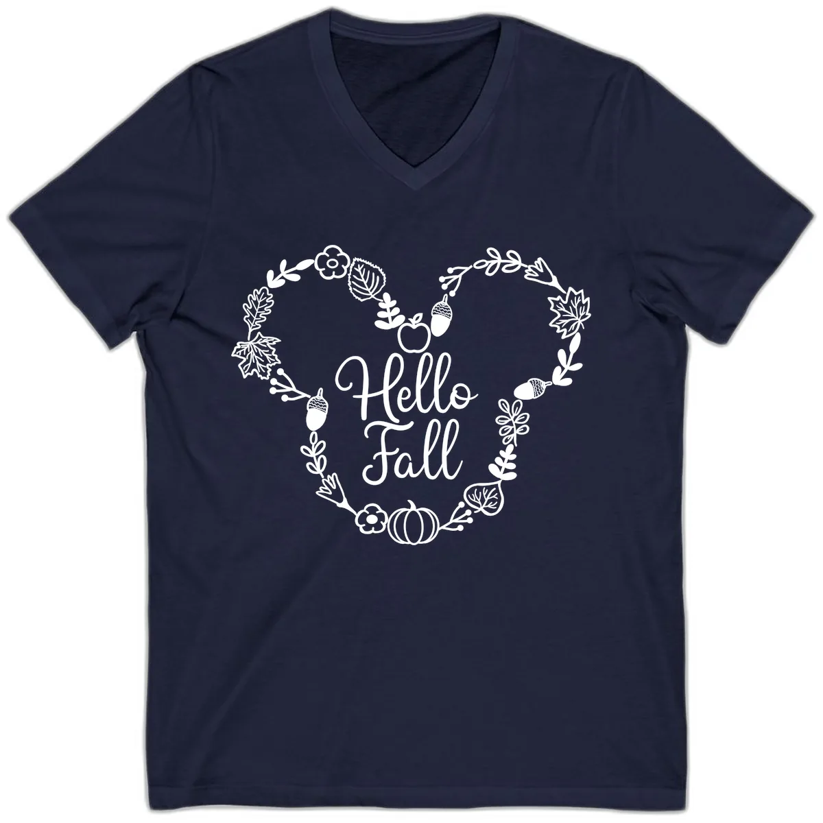 Hello Fall Heart Wreath Design V-Neck in Navy