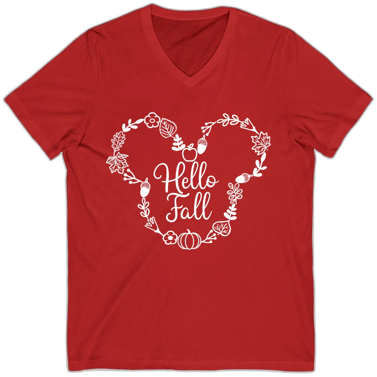 Hello Fall Heart Wreath Design V-Neck in Red