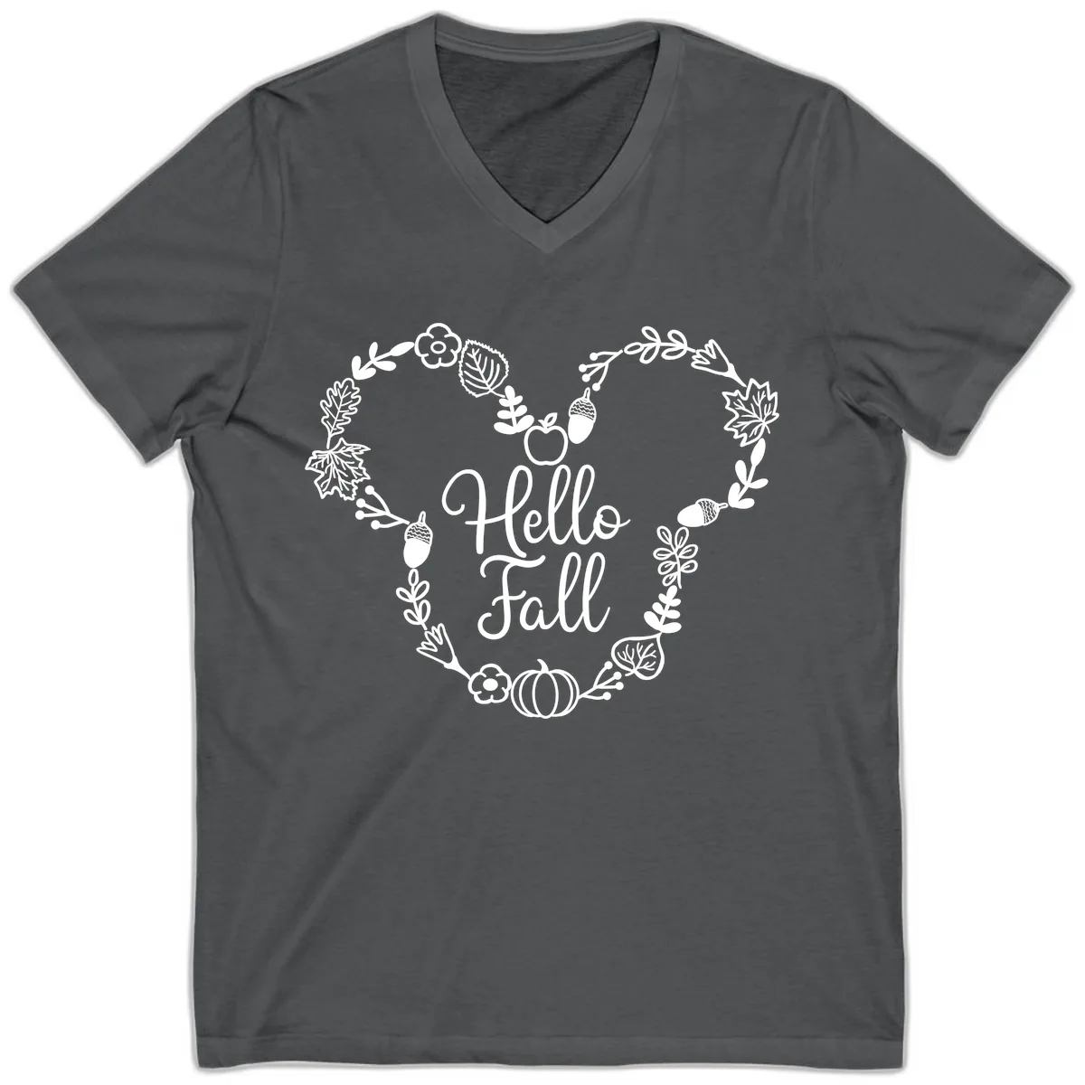 Hello Fall Heart Wreath Design V-Neck in Asphalt