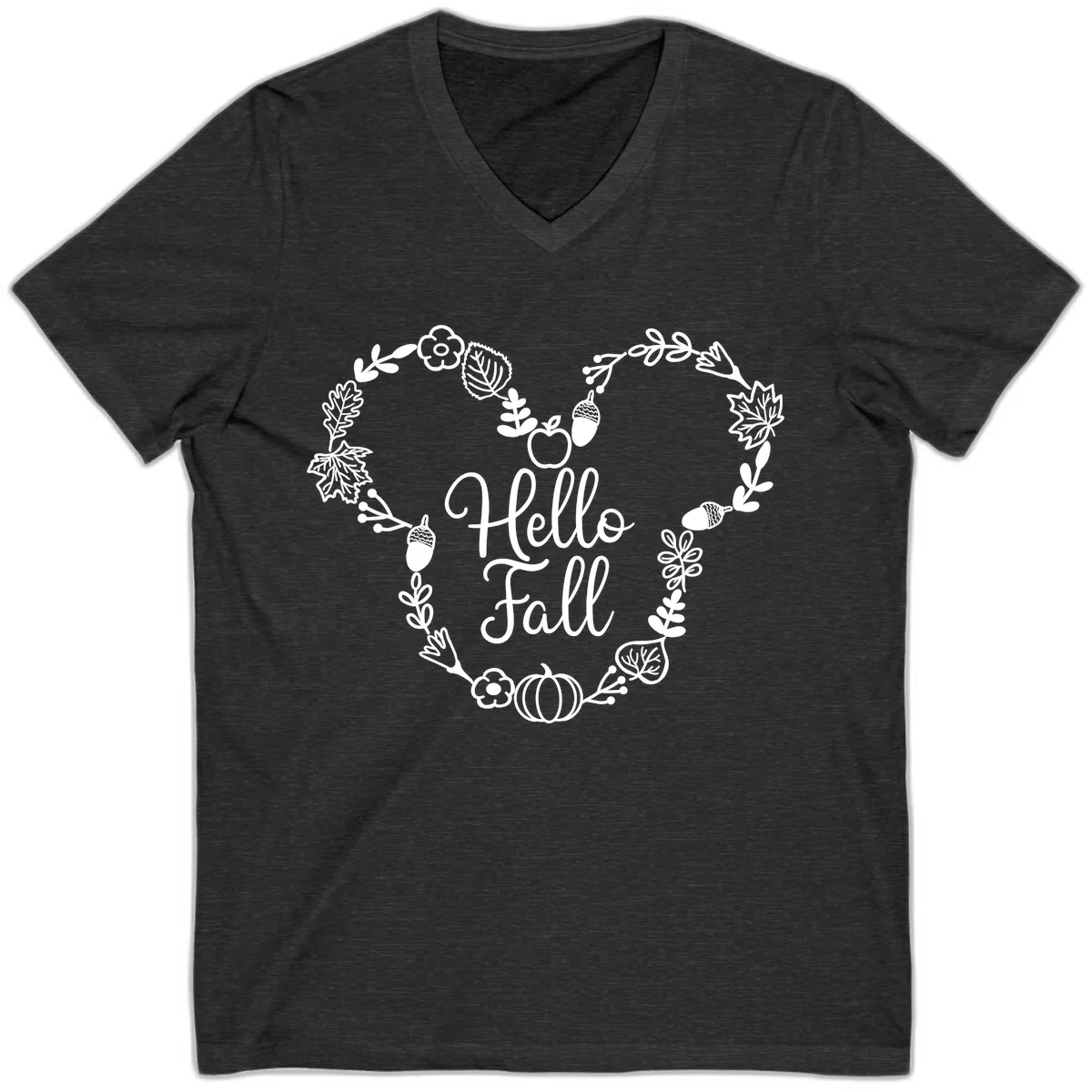 Hello Fall Heart Wreath Design V-Neck in Dark Grey Heather