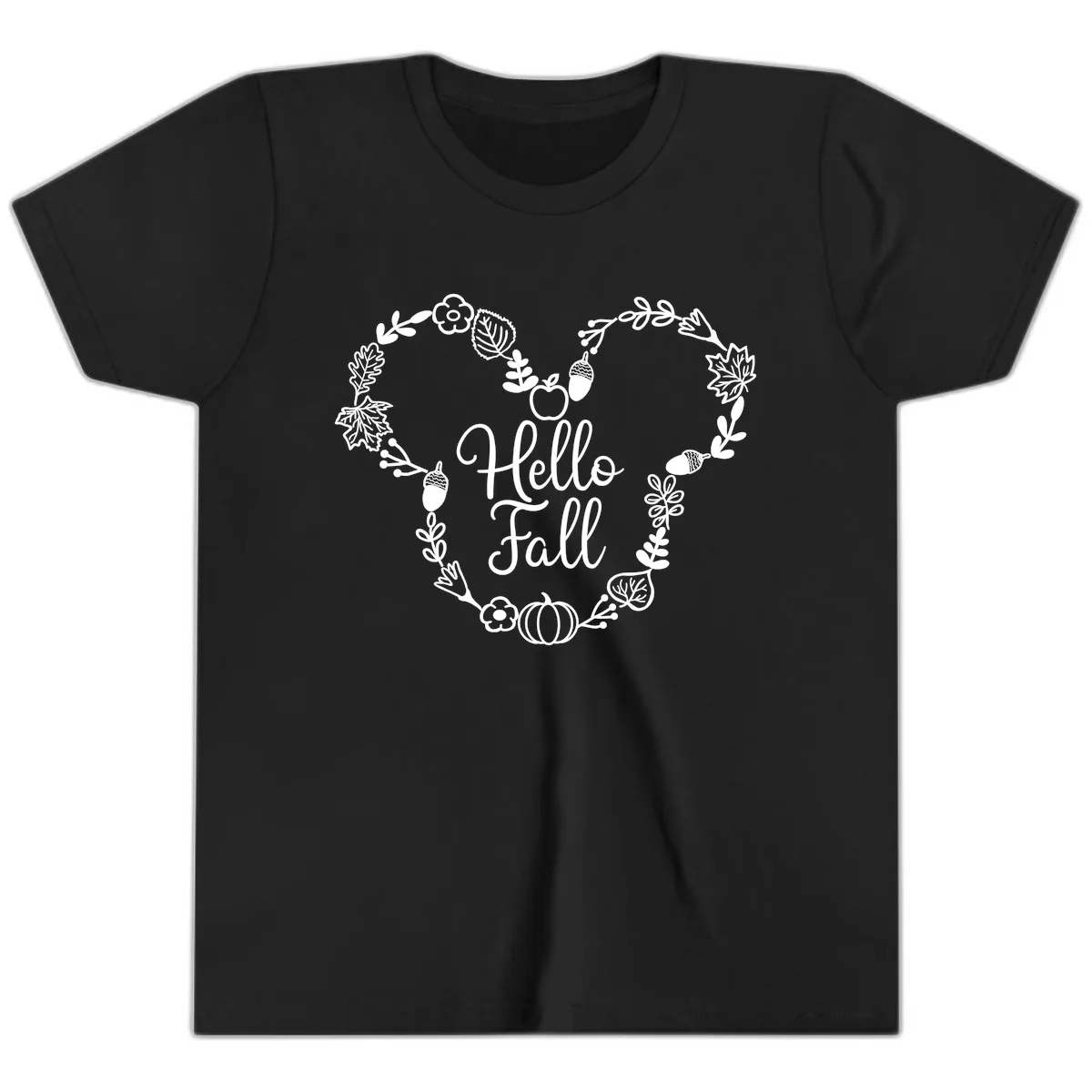 Hello Fall Heart Wreath Design Youth T-Shirt in Black