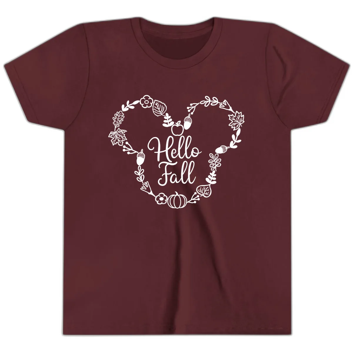 Hello Fall Heart Wreath Design Youth T-Shirt in Maroon