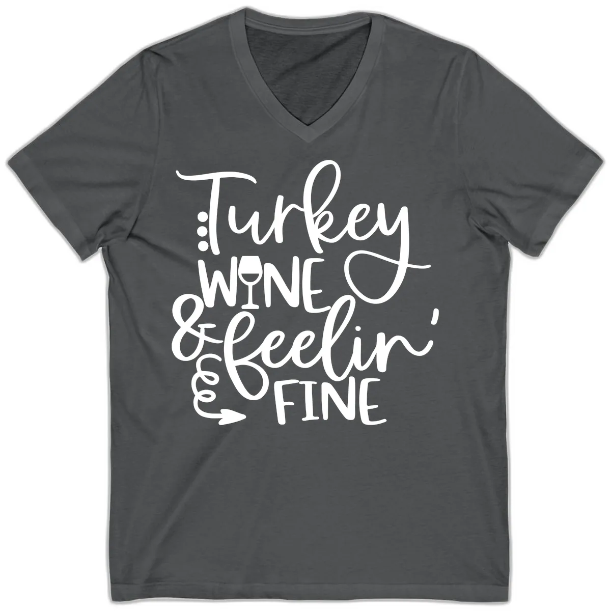 Turkey Wine and Feelin Fine Design V-Neck in Asphalt