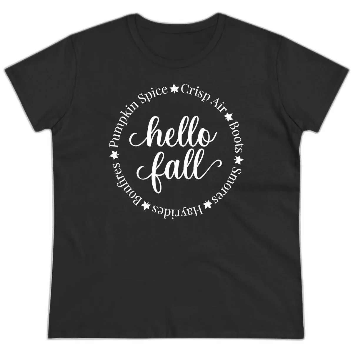 Hello Fall Autumn Circle Design Ladies Tee in Black
