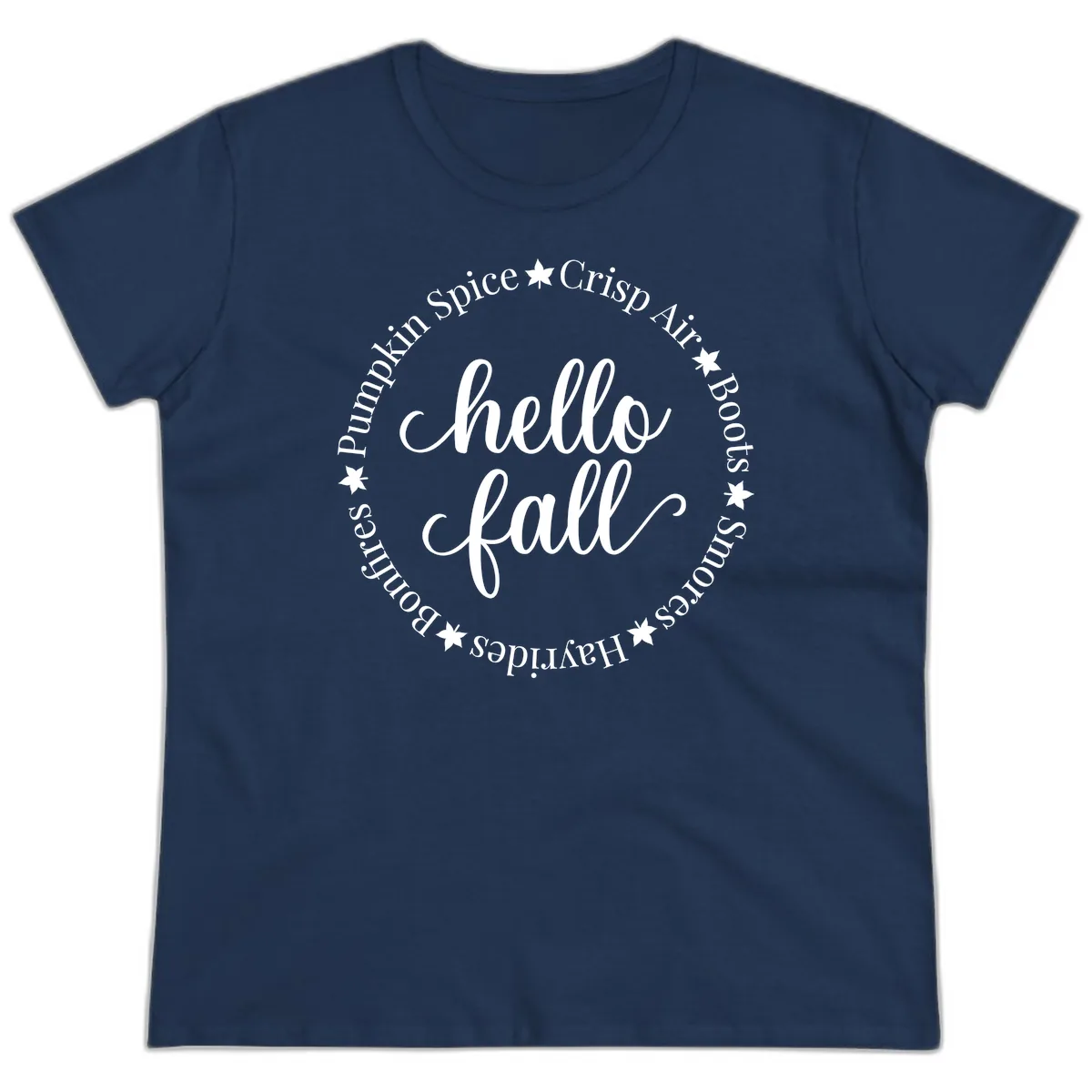 Hello Fall Autumn Circle Design Ladies Tee in Navy