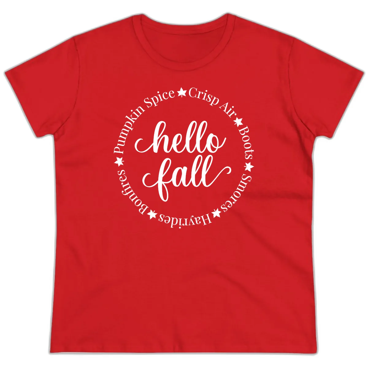 Hello Fall Autumn Circle Design Ladies Tee in Red