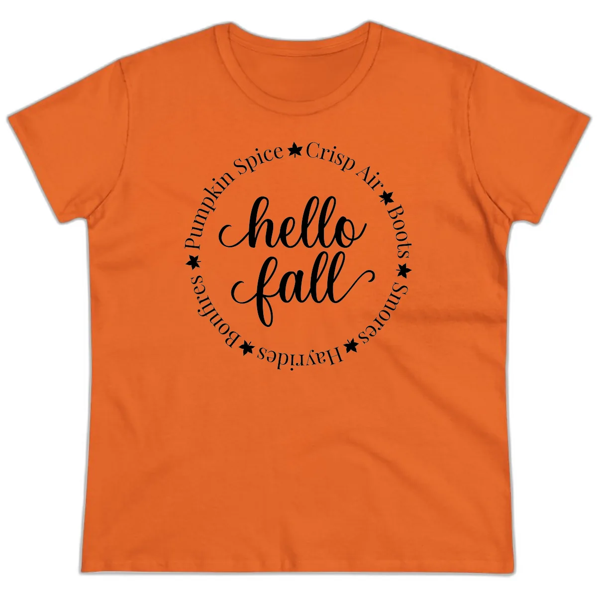 Hello Fall Autumn Circle Design Ladies Tee in Orange