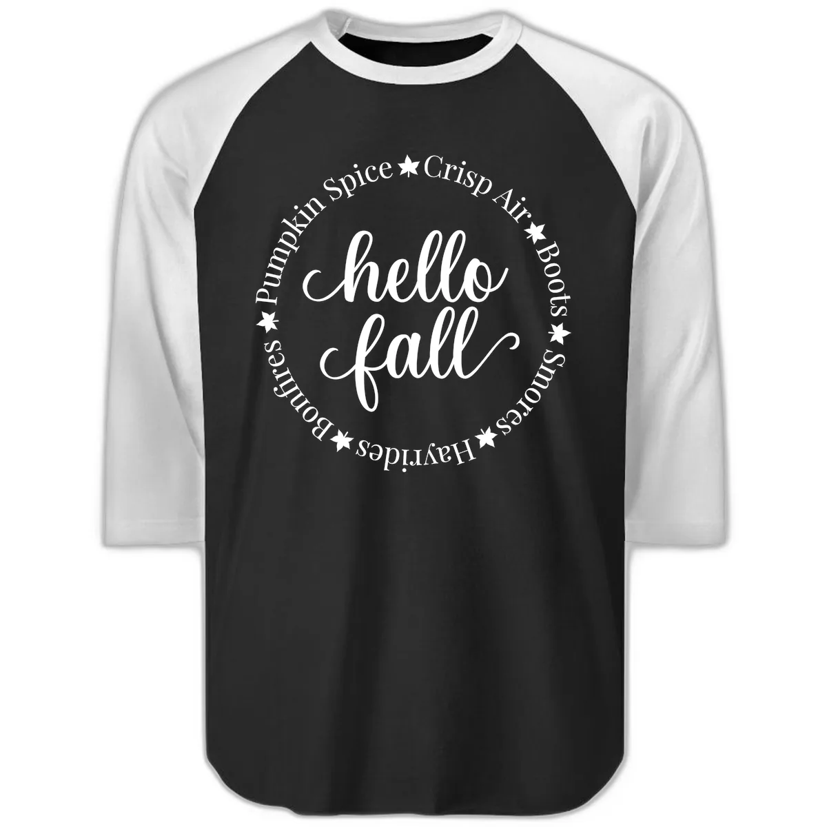 Hello Fall Autumn Circle Design Raglan 3/4 in Black White